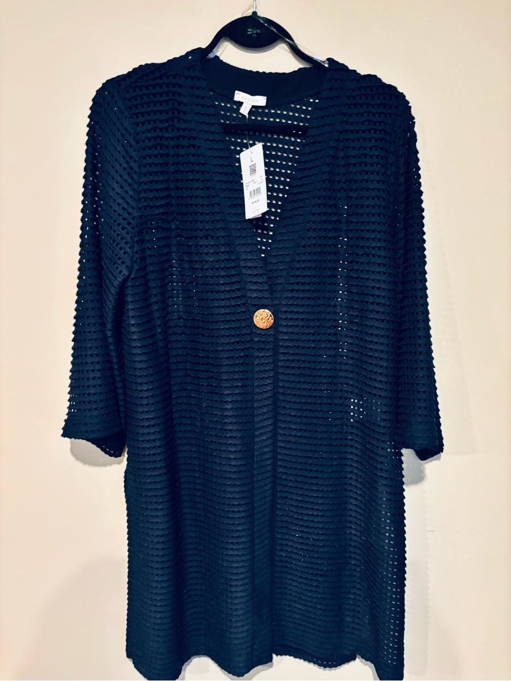 Laura Navy Open-Knit Long Cardigan with Gold Button